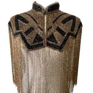 Bronze and Black Art Deco Hand Beaded Fringe Cape